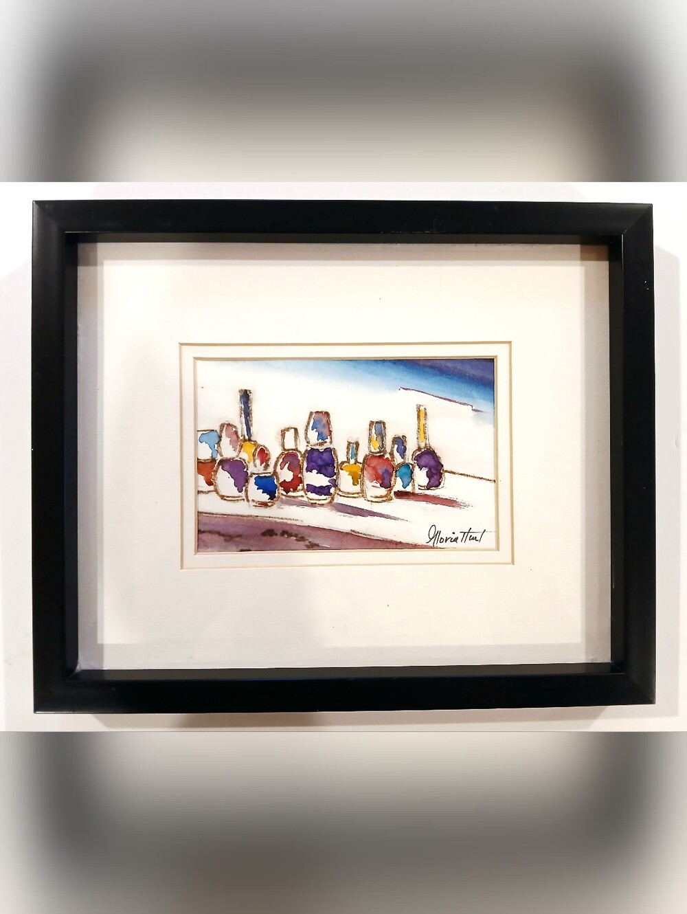 Framed Gloria Hunt Original Franed Watercolor Still Life with Colorful Bottles